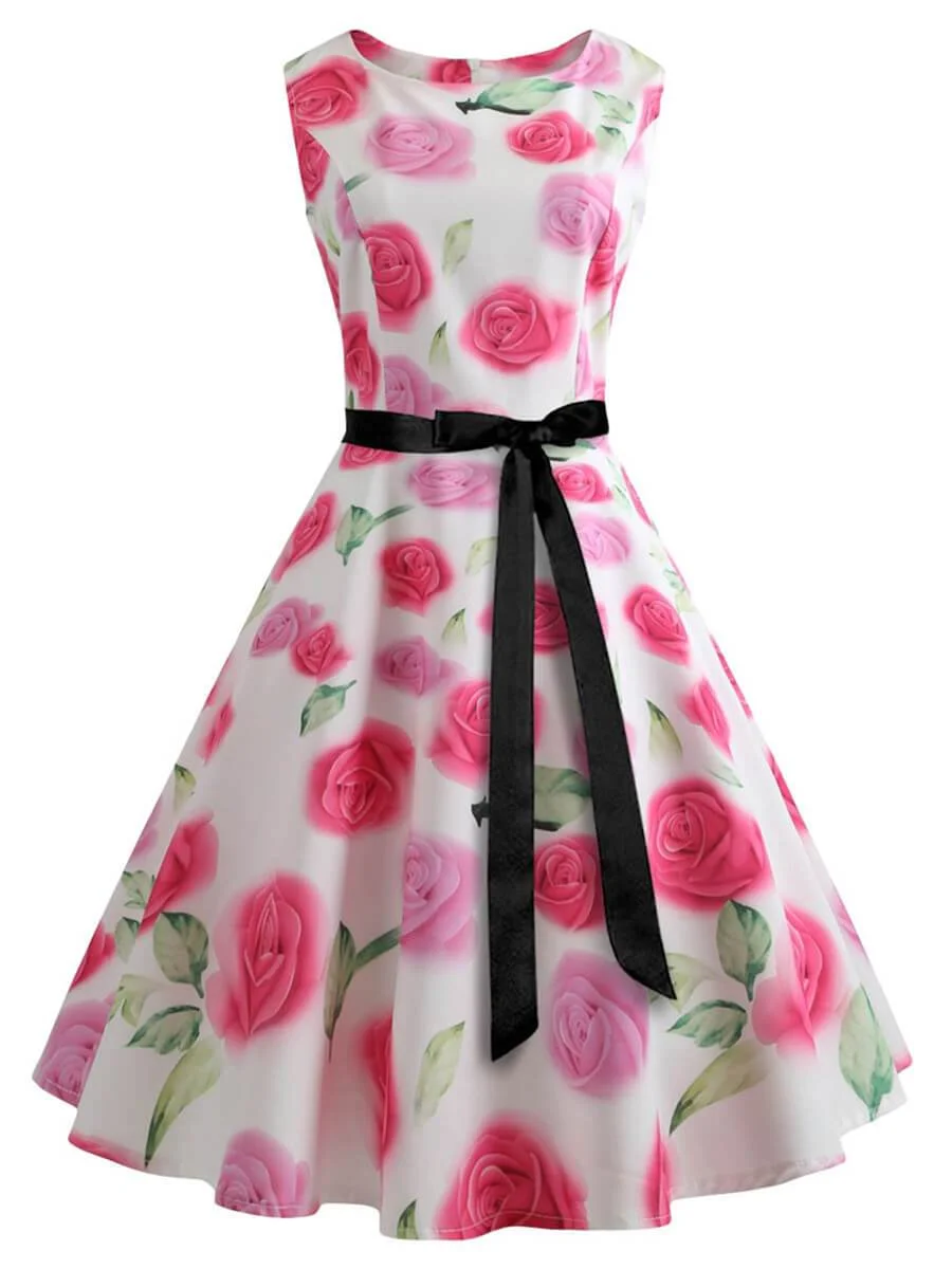 Audrey Hepburn Dress A-Line O-Neck 1950s Dress with Pink Rose Printing