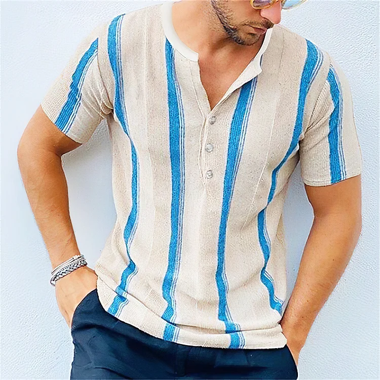 Comstylish Men's Casual Contrasting Colors Stripes Art Linen Blend Shirt