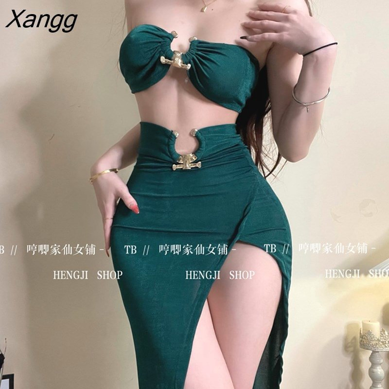 Xangg Exotic Hot Sexy Girls Gather Strapless Tops High Waist Split Slim Maxi Long Dress Two Pieces Dresses R7TH