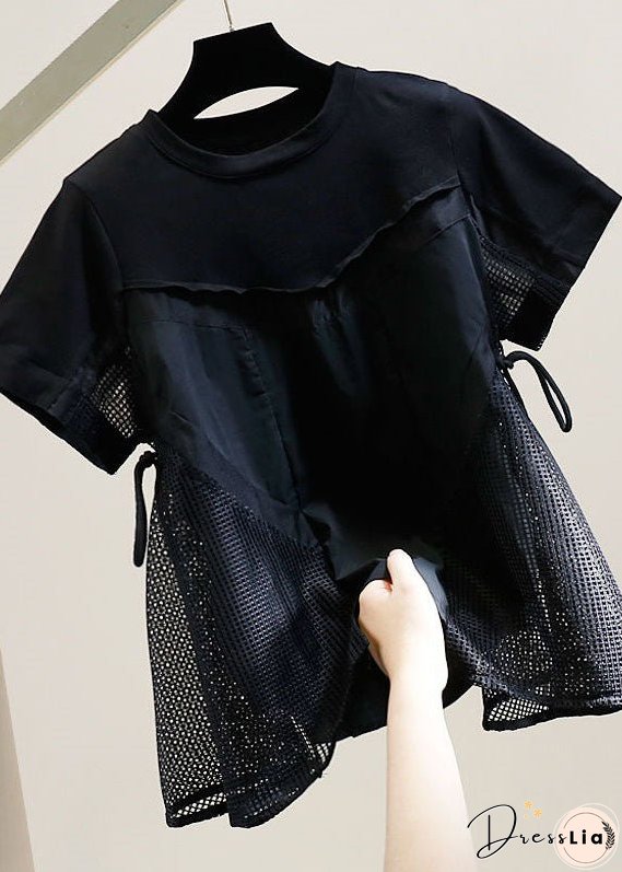Natural Black O Neck Hollow Out Patchwork Cotton T Shirt Tops Summer