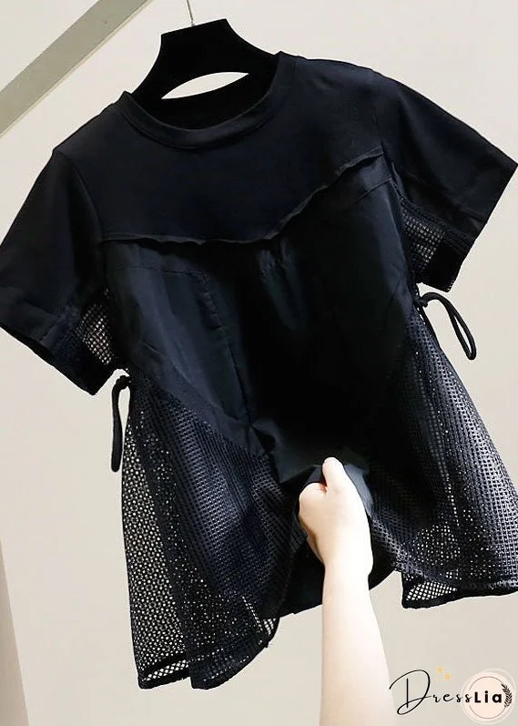 Natural Black O Neck Hollow Out Patchwork Cotton T Shirt Tops Summer