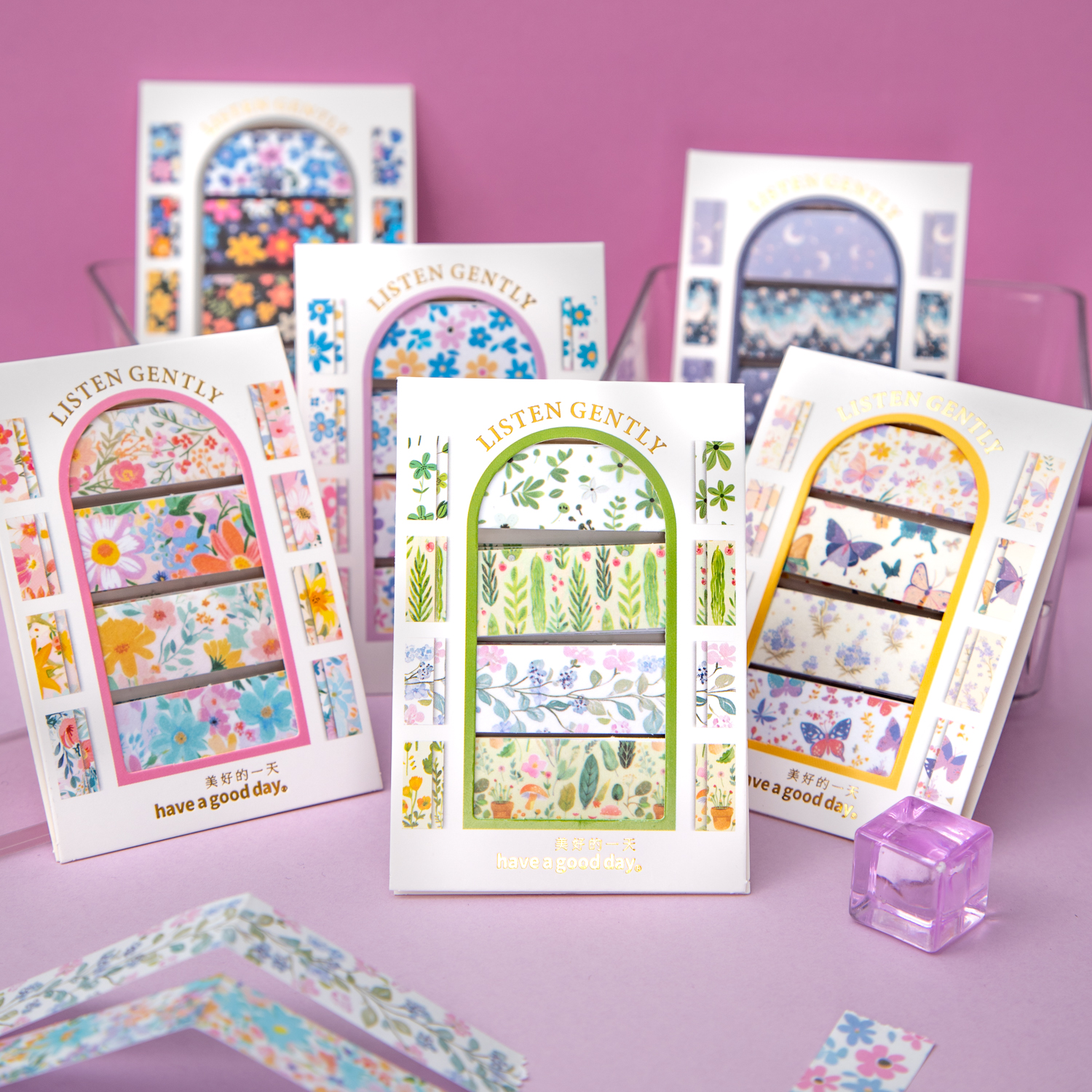 와시 스티커 - 리슨 젠틀 시리즈 빈티지 나비 식물 꽃 풍경