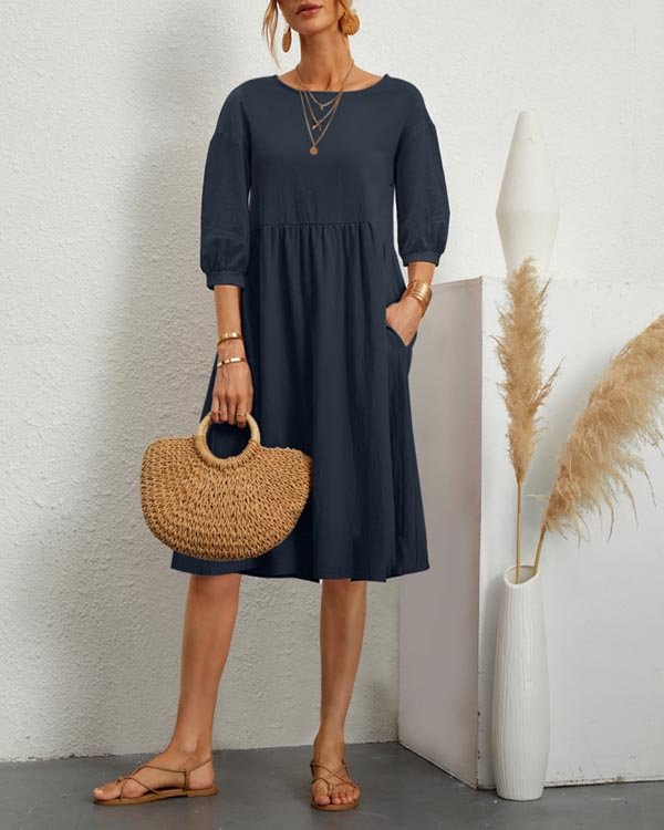 Solid Loose Linen Pocket Dress
