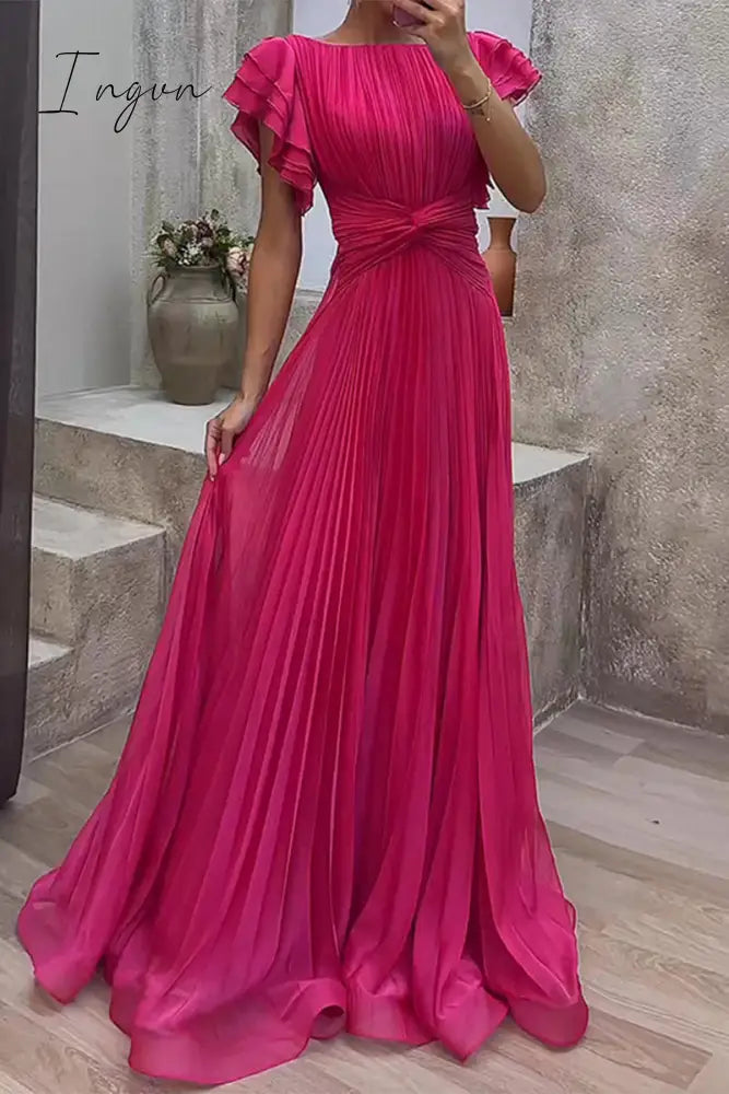 Ingvn - Elegant Solid Fold O Neck Waist Skirt Dresses Pink / S Dresses/Maxi