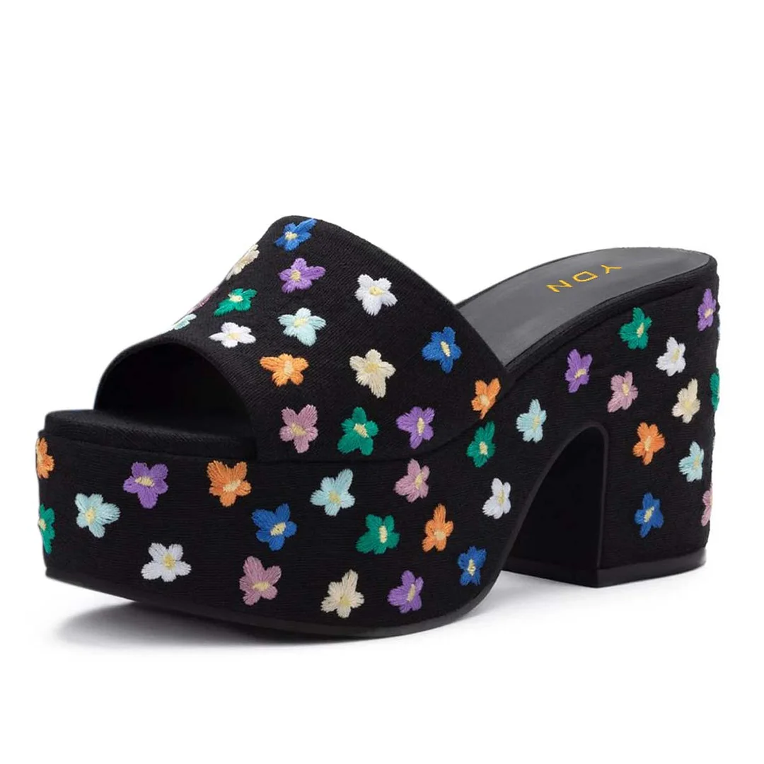 Black Open-Toe Multicolor Flower Embroidery Slides with Platform