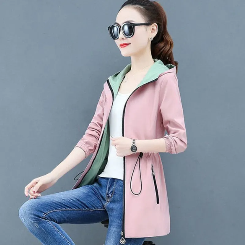 Spring Autumn Women's Trench Coat New Double-sided Wear Plus Size 5XL Hooded Mid Long Outerwear Female Windbreaker Basic Coats