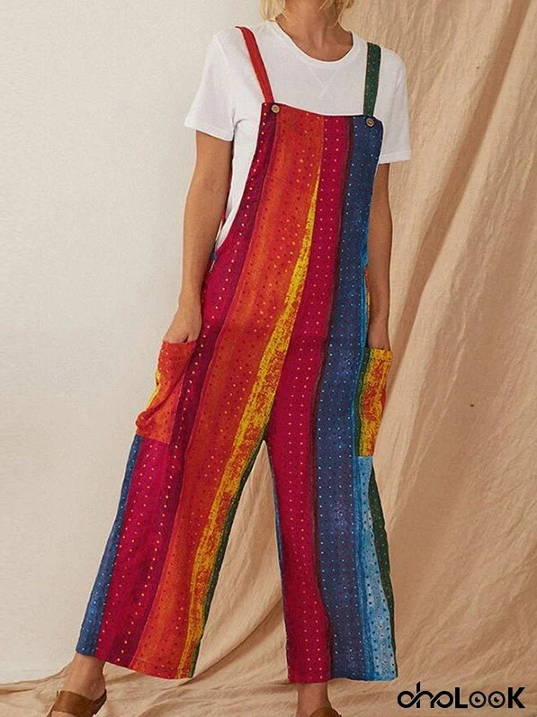 Women's Jumpsuits Casual Multicolor Striped Print Pocket Bib Jumpsuit