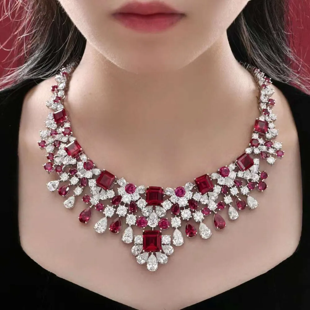 Luxury 925 Sterling Silver Created Moissanite Ruby Emerald Gemstone Women Cocktail Pendent Necklace Fine Jewelry Gifts