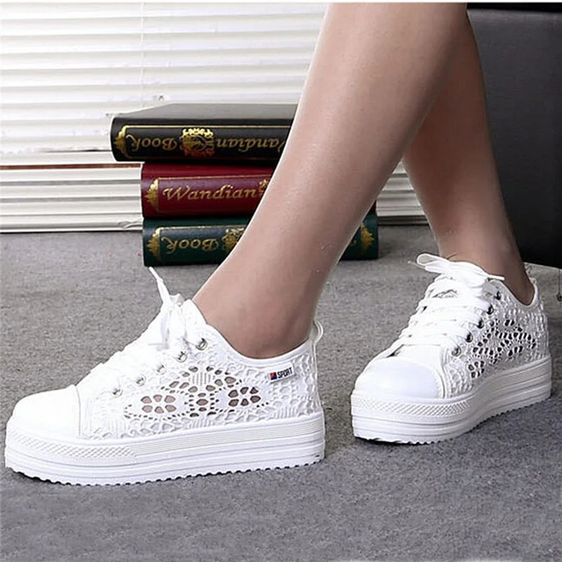 Women Sneakers Lace Up Fashion Summer Casual White Shoes Cutouts Lace Canvas Hollow Breathable Platform Flats Zapatos Mujeres