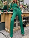 Fashion Solid Color Round-Neck Long Sleeves Shirts+ Wide Leg Elastics Drawstring Pants Two Pieces Set