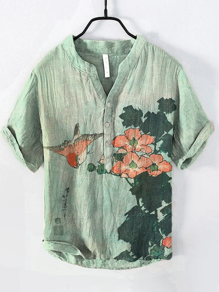 Comstylish Hibiscus And Sparrow Japanese Art Print Cozy Cotton Linen Shirt