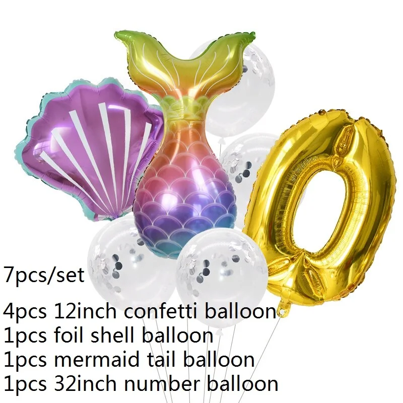 7pcs Mermaid Party Balloons 0 1 2 3 4 5 6 7 8 9 Number Foil Balloon Kids Birthday Party Decorations Baby Shower Helium Globos