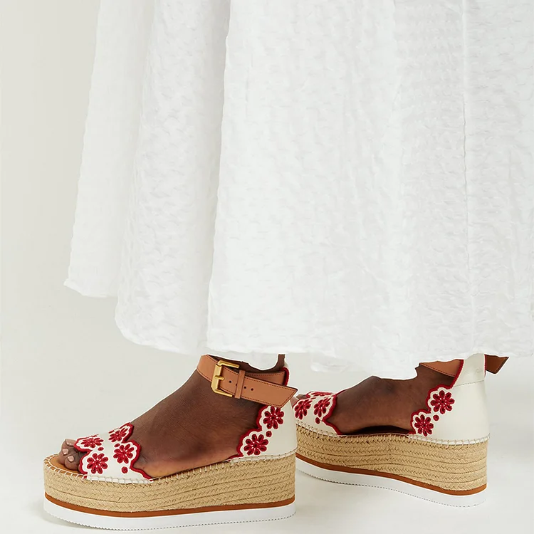 White and Red Embroidered Ankle Strap Platform Sandals |FSJ Shoes