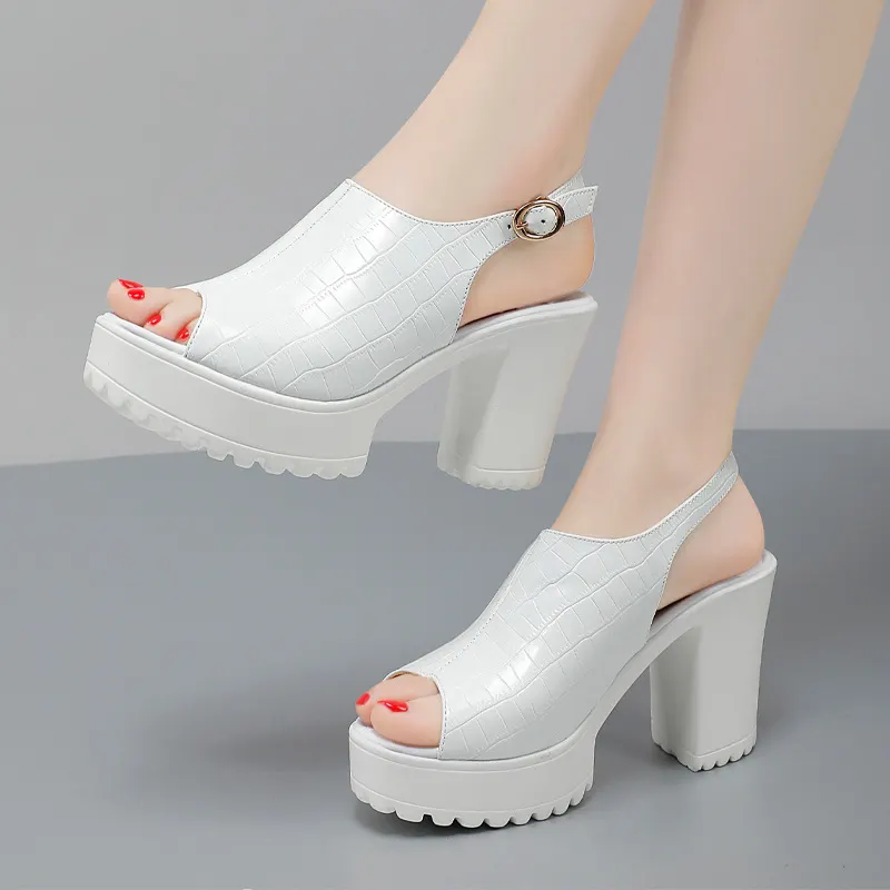 Breakj Breakj Mouth Patent Leather Crocodile High Heel Sandals Summer White Wedding Shoes Waterproof Table Thick Cheongsam Walking Shoes Coarse Heel Women's Shoes
