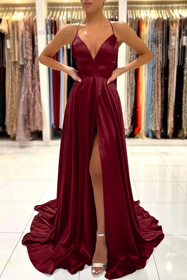 Miabel Shining Spaghetti Straps Sweetheart A Line Split Prom Dress