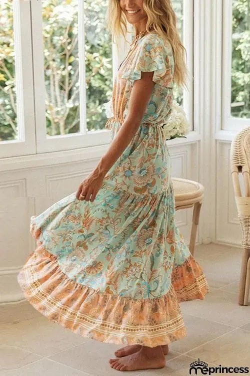 Boho Print Button Tassesl Maxi Dress