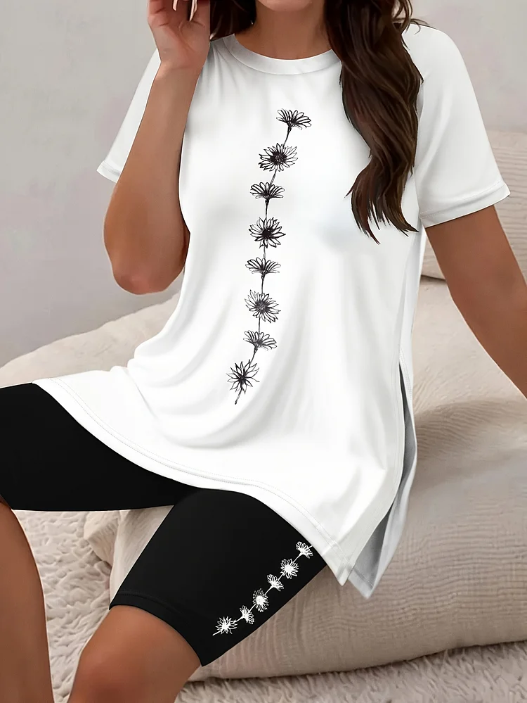 Women S Floral Two-Piece Set, Side Slit Top And Elastic Shorts For Casual Summer And Beach Outfit