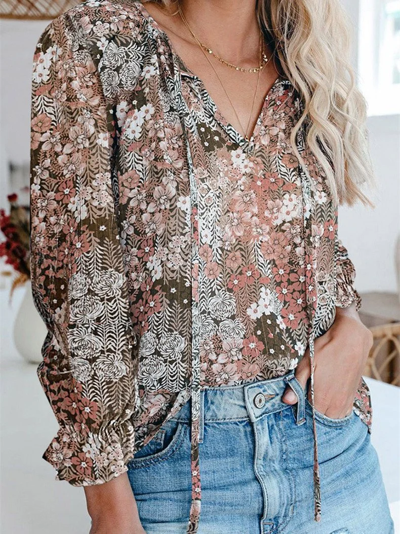 Women Long Sleeve V-neck Floral Printed Polka Dot Top