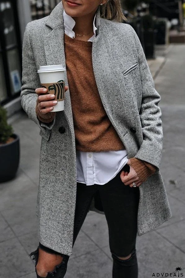 Casual street outerwear with striped patchwork buckle turn-down collar
