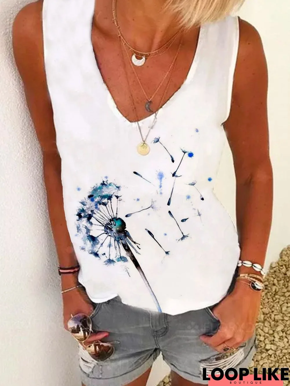 V Neck Sleeveless Casual Beach Holiday T-shirt