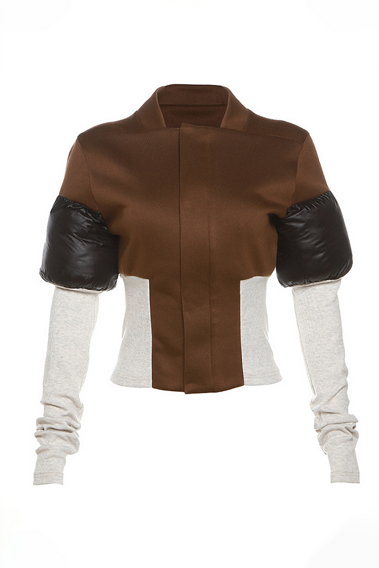Knit Patchwork Button Up Long Sleeve Colorblock Jacket-Brown