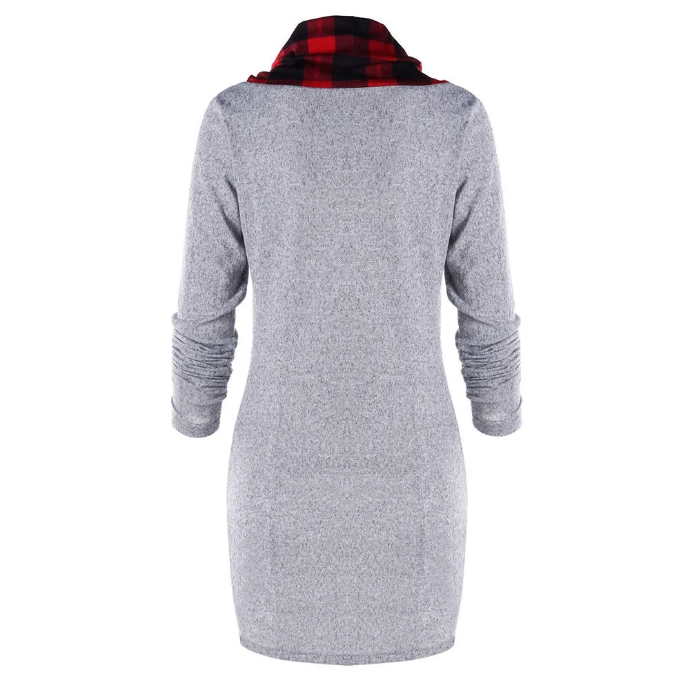 High-Neck Slim Plaid cCasual Dress Top