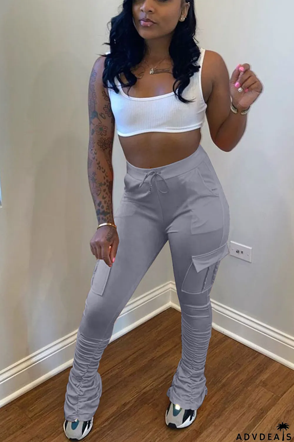 Orange Drawstring High Solid Pocket Draped Boot Cut Pants Bottoms