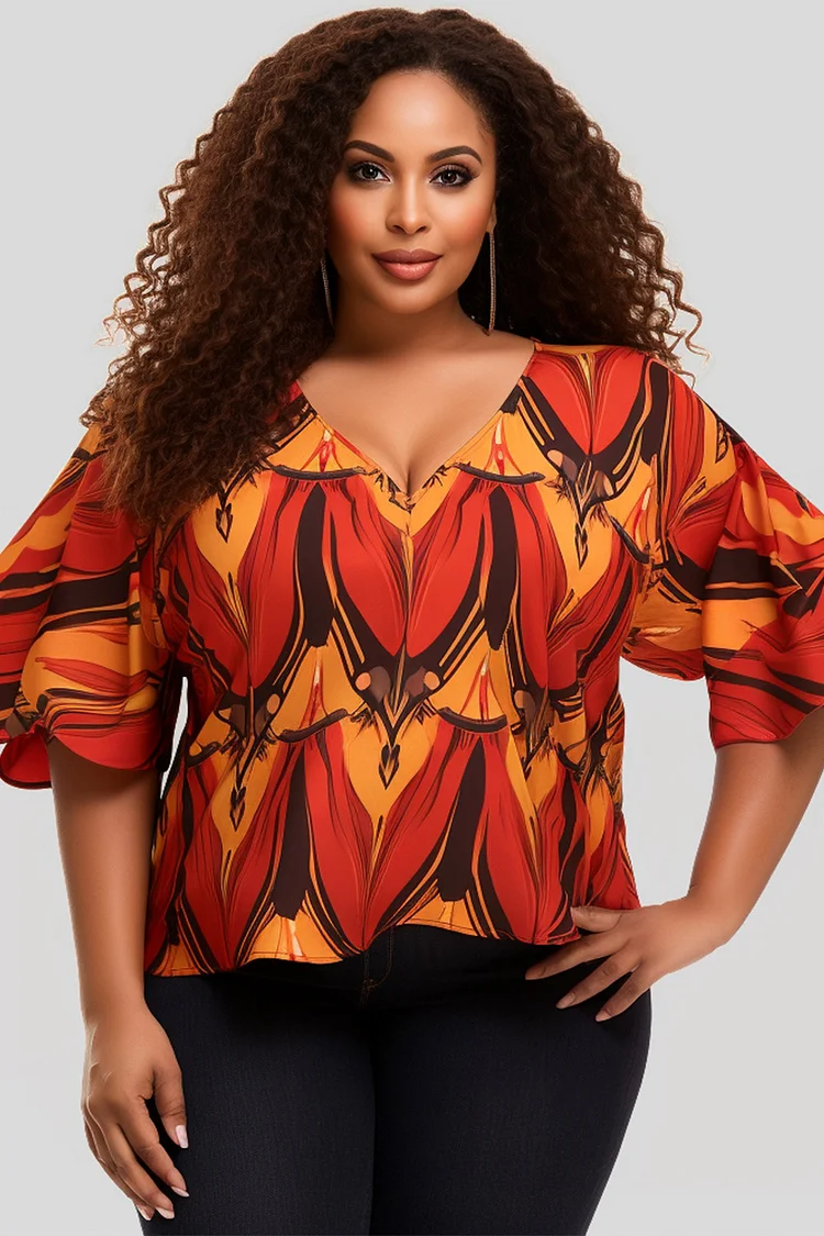 Xpluswear Design Plus Size Business Casual Multicolor Elegant African Ankara V Neck Flare Short Sleeve Blouses [Pre-Order] 2024 - Xpluswear