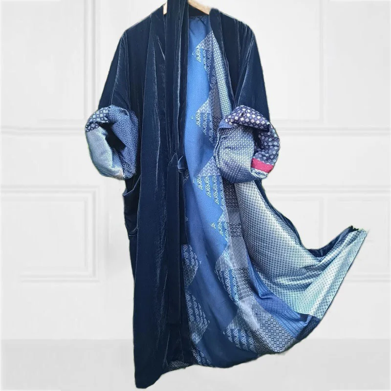 Stylish Lined Patchwork Printed Velvet Kimono Duster