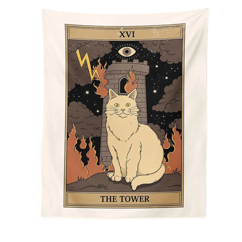 Cat Divination Witchcraft Tarot Card Tapestry Wall Hanging Tapestries Baphomet Occult Home Wall Moon phase Mat Decor Cat Coven