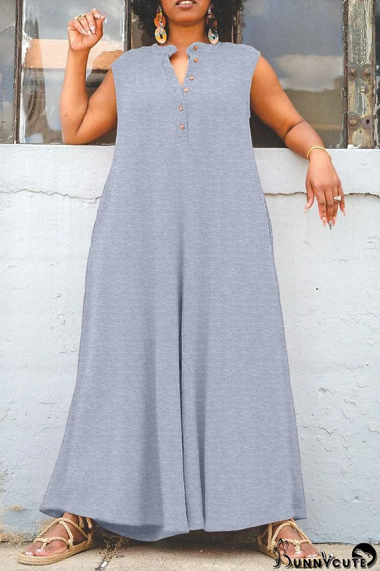 Grey Casual Solid Buttons V Neck Plus Size Jumpsuits