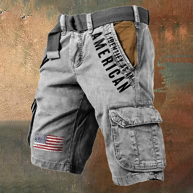 VChics Men's Vintage Independence Day I Identify As An American Print Cargo Shorts