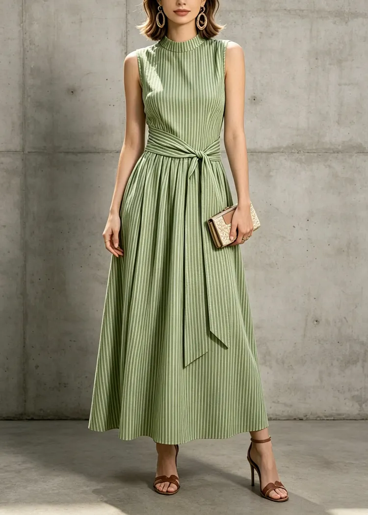 Elegant Green Striped Tie Waist Cotton Maxi Dresses Sleeveless