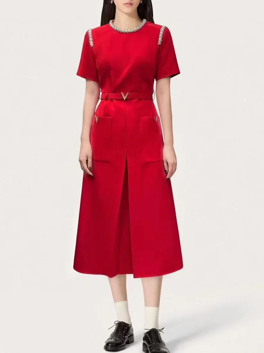 Churchf Churchf Temperament Elegant Dress 2025 Autumn And Winter New Diamond Belt To Collect Waist Slim Slim Dress Female Autumn Tide