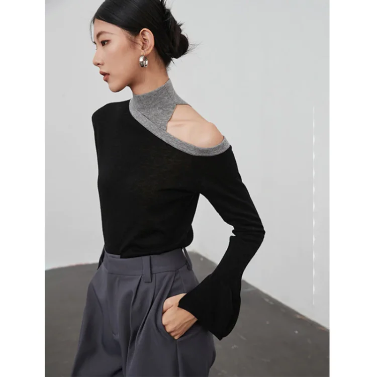 Fashion Turtleneck Contrast Color Patchwork Off Shoulder Long Sleeve Knitted Sweater      