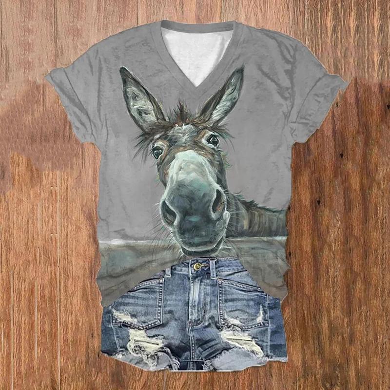 Comstylish Vintage Cute Donkey Printed Casual T-Shirt