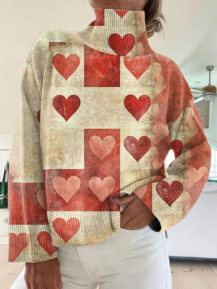 Valentine's Day Vintage Love Art Print Knit Turtleneck Pullover Sweater