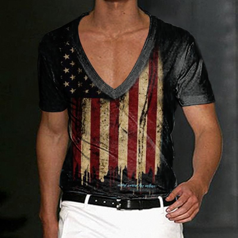 USA Lndependence Day Men's Flag Print Deep V Neck T-Shirt