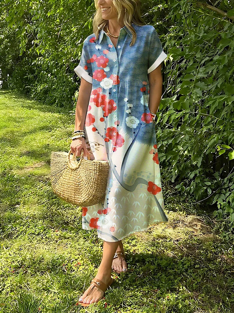复制Floral Print Lapel Button Up Maxi Shirt Dress