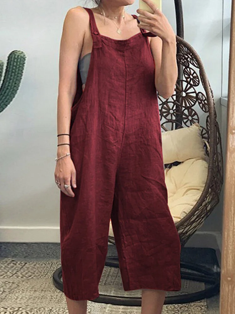 Women's Pure Color Cropped Wide Leg Overalls-mysite