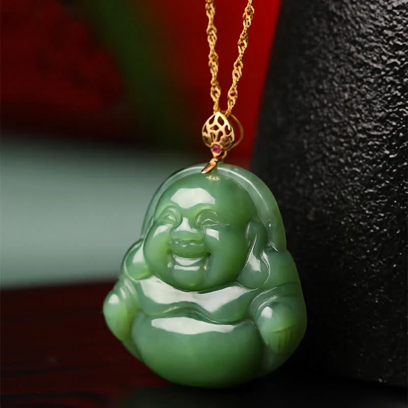 Laughing Buddha 925 Sterling Silver Hetian Cyan Jade Luck Chain Necklace Pendant
