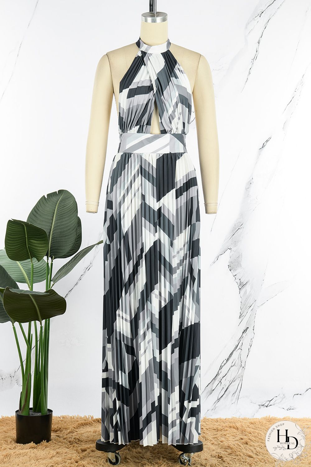 Black Sexy Print Patchwork Backless Fold Halter A Line Dresses
