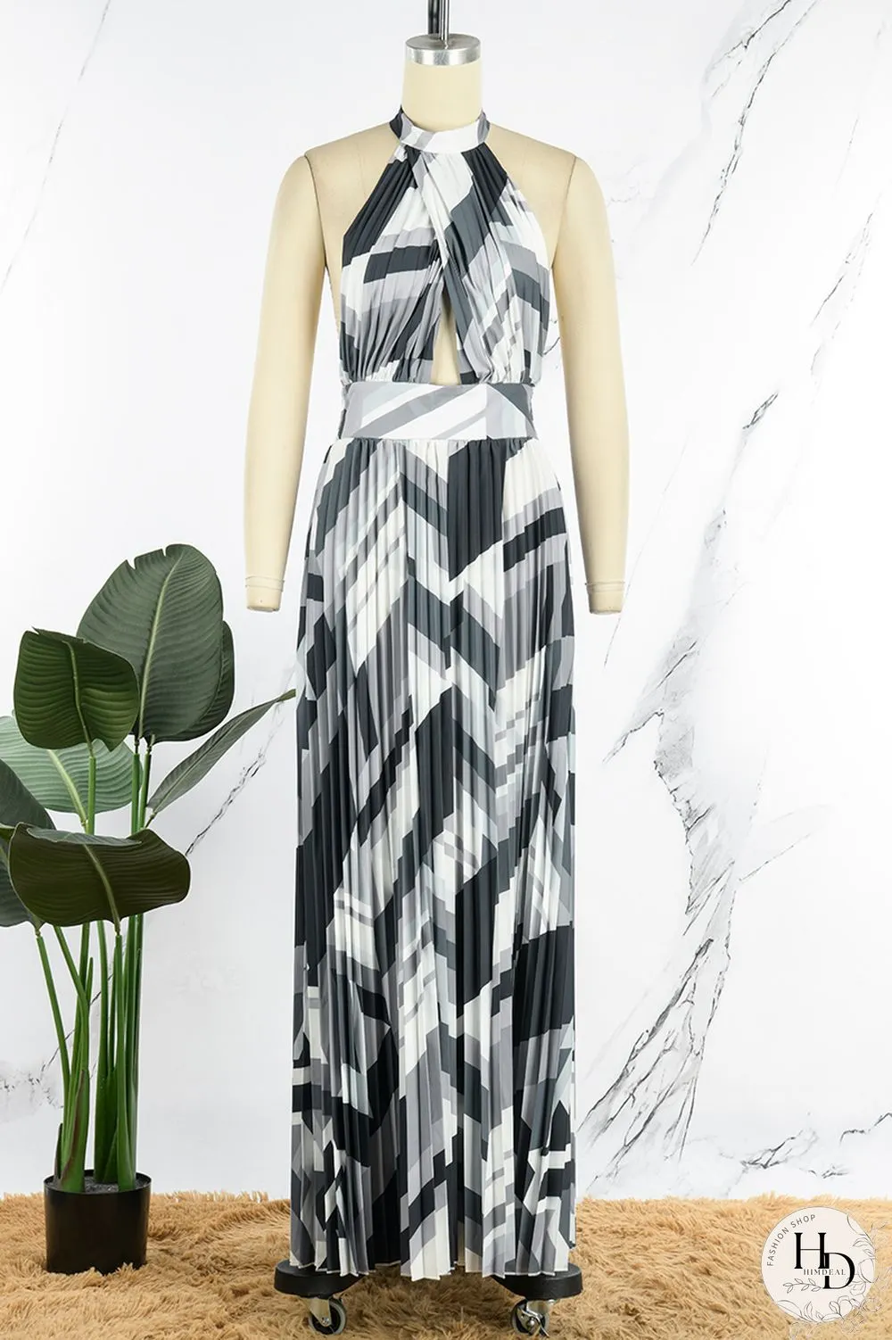 Black Sexy Print Patchwork Backless Fold Halter A Line Dresses