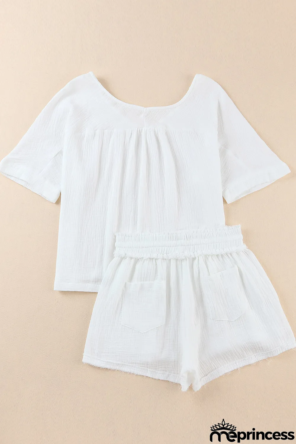 White Relaxed V Neck Blouse and Drawstring Raw Hem Shorts Set