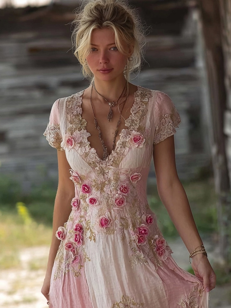 Vintage Boho Pink Roses Embroidered Flowy Maxi Dress Vintage Boho Pink Roses Embroidered Flowy Maxi Dress - Image 1