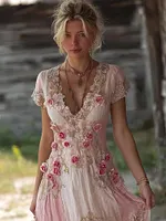 Vintage Boho Pink Roses Embroidered Flowy Maxi Dress