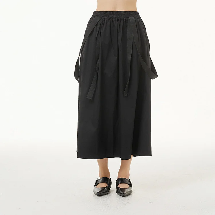 Casual Black Elastic Waist Splicing Ribbons Irregular Pleated Skirt      