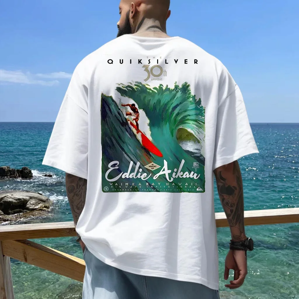 Men's Quiksilver Surf Poster Beach Loose Short Sleeve Oversized T-Shirt / DarkAcademias /Darkacademias