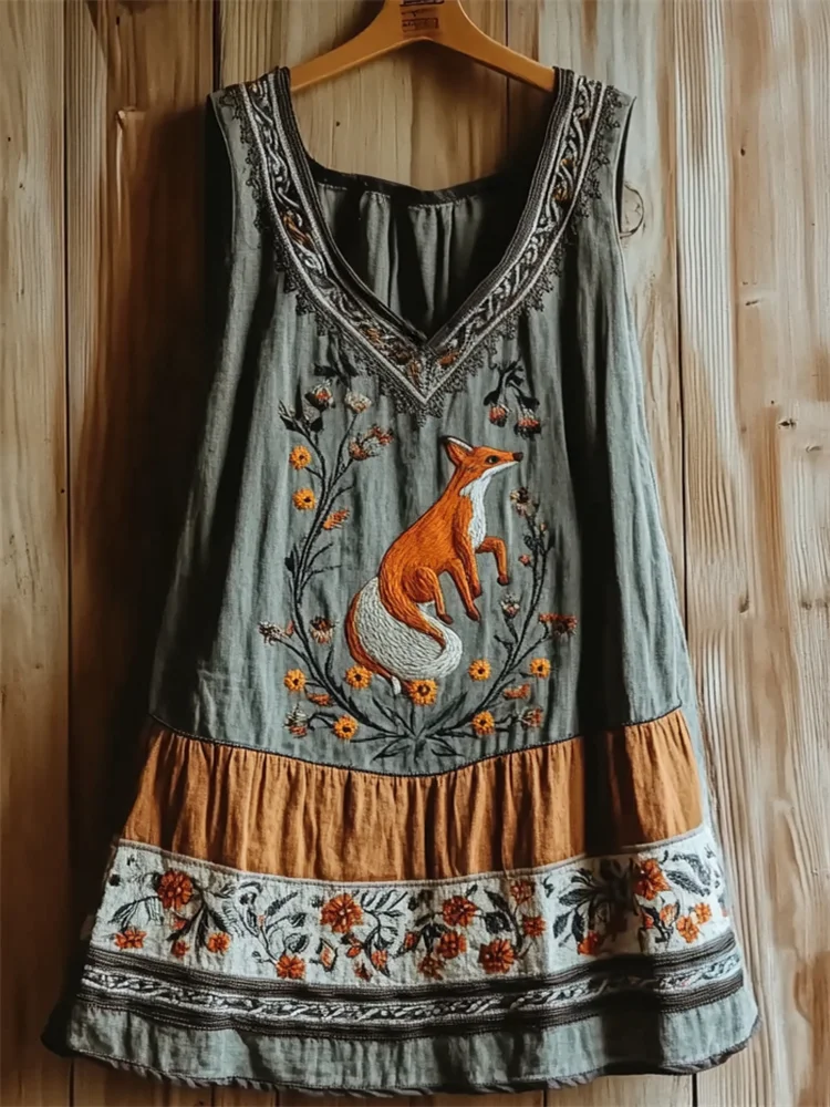 Vintage Fox Floral Embroidered Patchwork Linen Tank Top