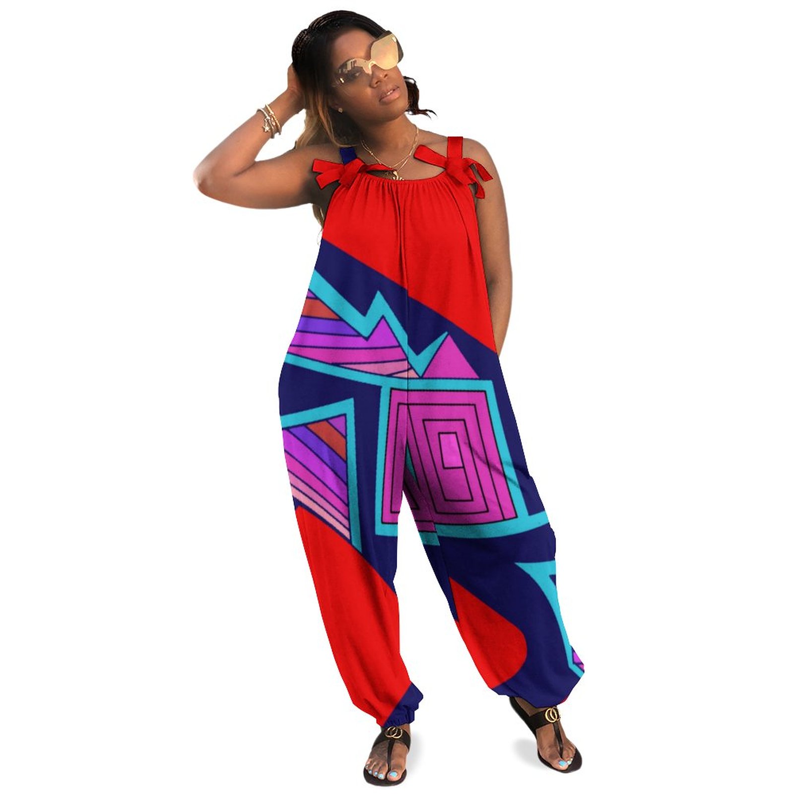 Southwest Cat Aerobic Plus Size Women Rompers Summer Casual Loose Overalls Jumpsuit Pants Boho Casual Long Length Polyester Spandex